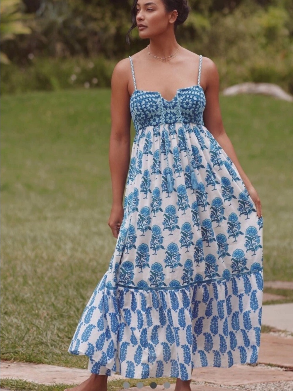 RO’S GARDEN Blue Floral Smocked Maxi Dress Crocheted